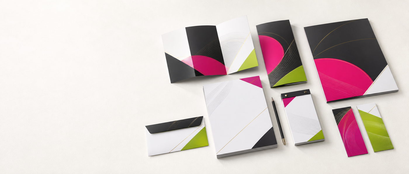 Brochures, letterhead, envelopes, and stationery arranged for professional presentation