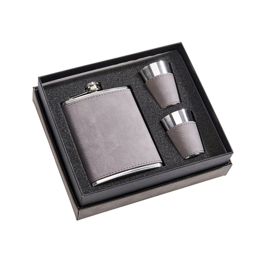 Grey Leatherette Flask & Stainless Steel Shot Glass Set - AKD Ink