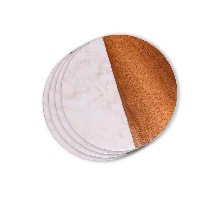 Set Of 4 White Marble and Acacia Wood  4" Round Coasters-AKD Ink