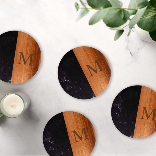 Set Of 4 Black Marble and Acacia Wood 4" Round Coasters-AKD Ink