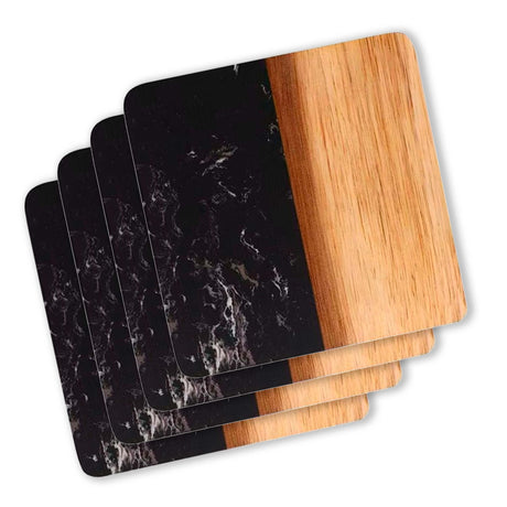 Set Of 4 Black Marble and Acacia Wood  4" Square Coasters-AKD Ink