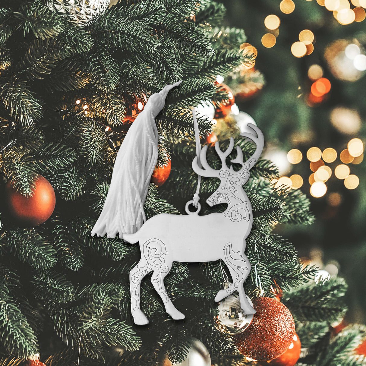 Scroll Reindeer Ornament with White Tassel-AKD Ink