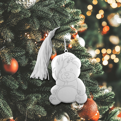 Teddy Bear Ornament with White Tassel-AKD Ink