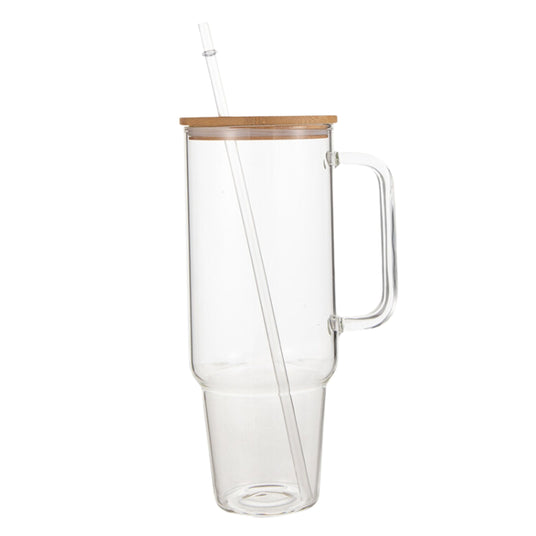Glass 40 oz. Tumbler with Bamboo Lid, Handle & Straw - Clear-AKD Ink