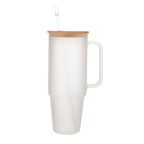 Glass 40 oz. Tumbler with Bamboo Lid, Handle & Straw - Frosted-AKD Ink