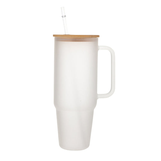 Glass 40 oz. Tumbler with Bamboo Lid, Handle & Straw - Frosted-AKD Ink