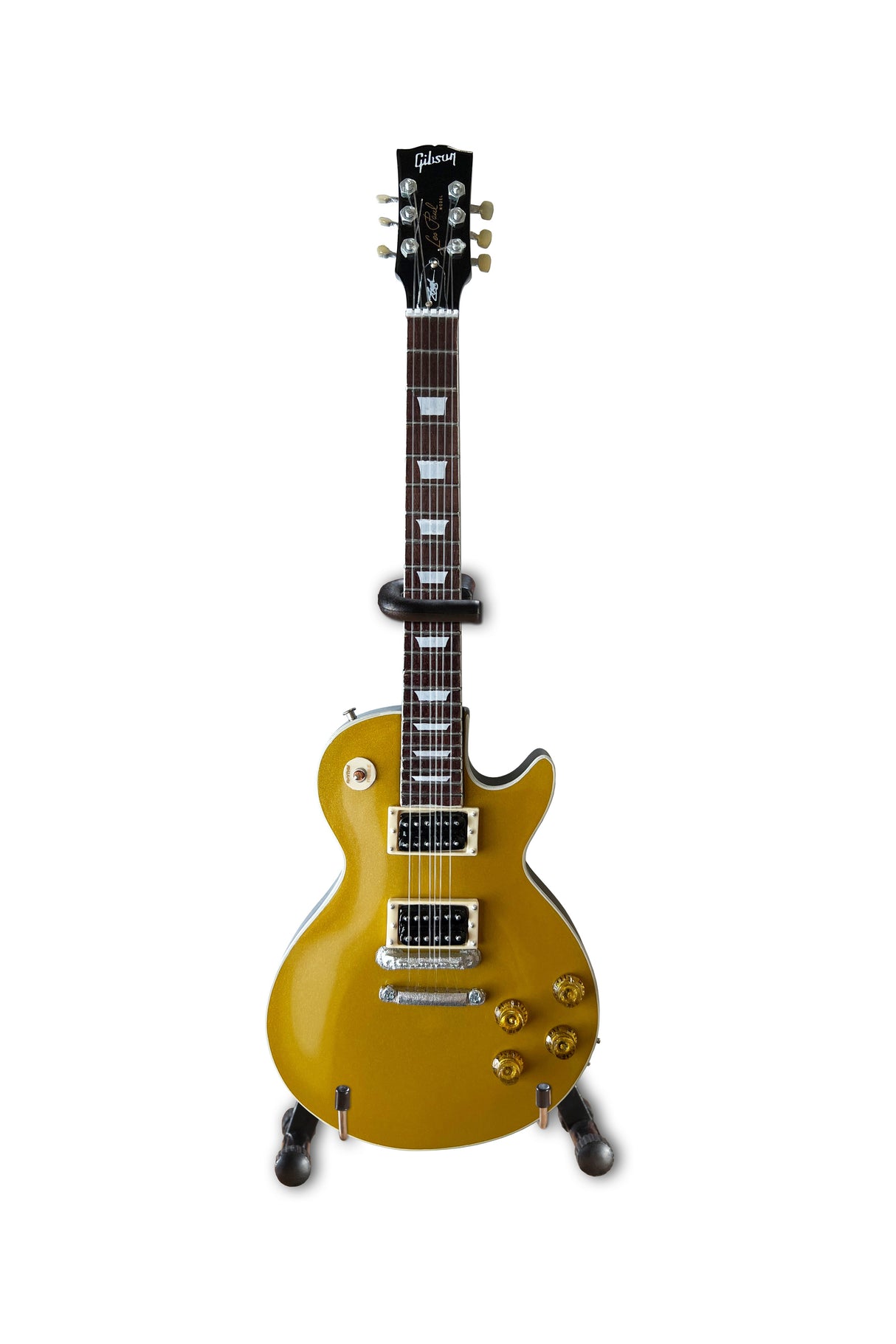Miniature Gibson Les Paul Standard “Victoria” Goldtop guitar replica collectible by AXE HEAVEN®, detailed miniature guitar model on white background.