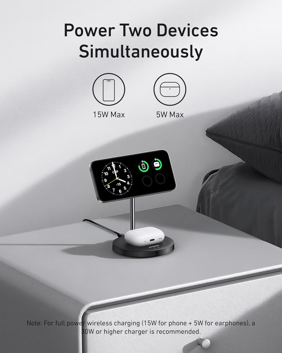 Anker MagGo 2-in-1 wireless charger stand in black with a 15W charging pad and phone holder, designed for fast wireless charging.