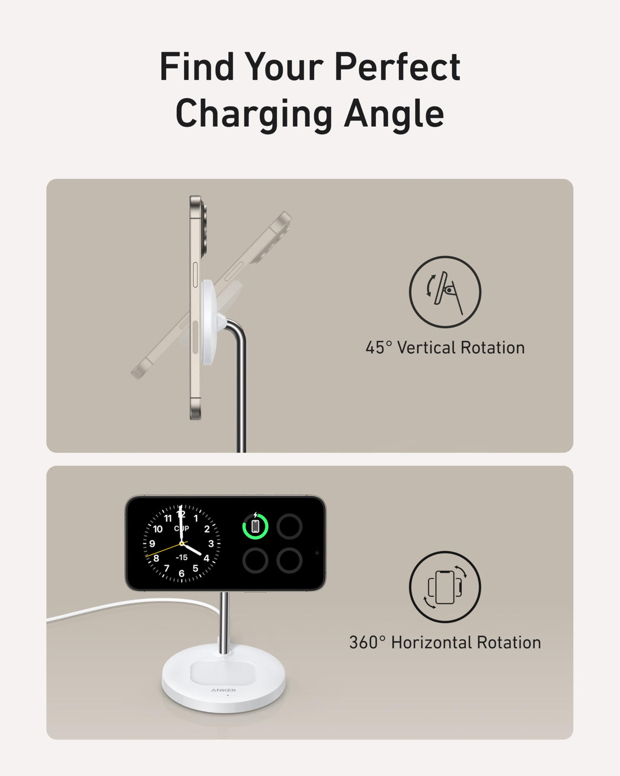 Anker MagGo 2-in-1 wireless charger stand in white with 15W charging pad and phone holder for fast wireless charging.