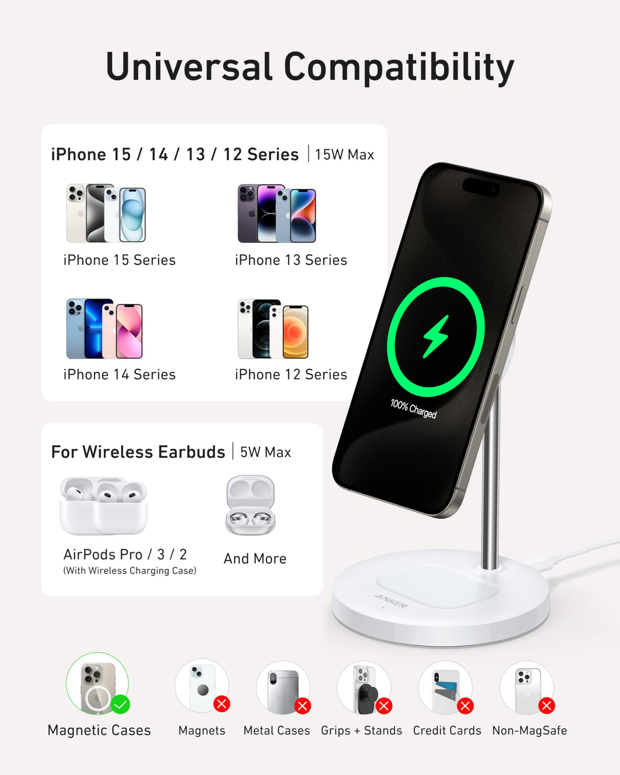 White Anker MagGo 15W 2-in-1 wireless charging stand with charger for smartphones and accessories, sleek and modern design.