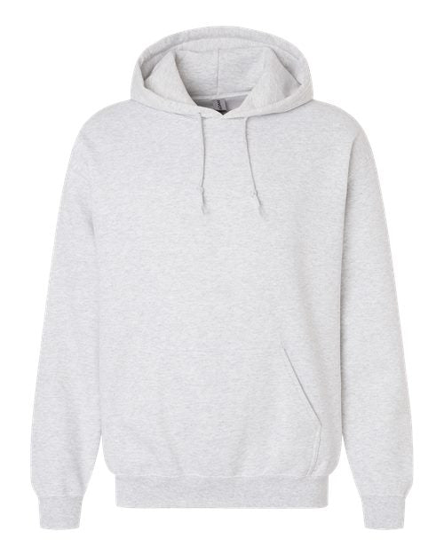 Gildan unisex Heavy Blend™ hooded sweatshirt in heather gray with front pouch pocket and drawstring hood.