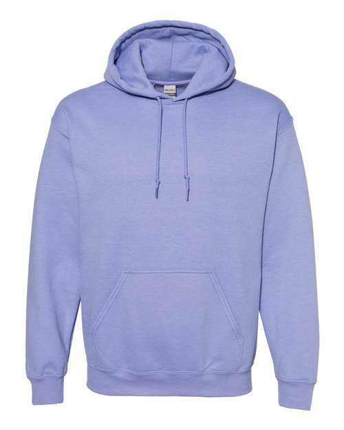 Unisex Heavy Blend hooded sweatshirt by Gildan, in heather gray, featuring a front pocket and drawstring hood.