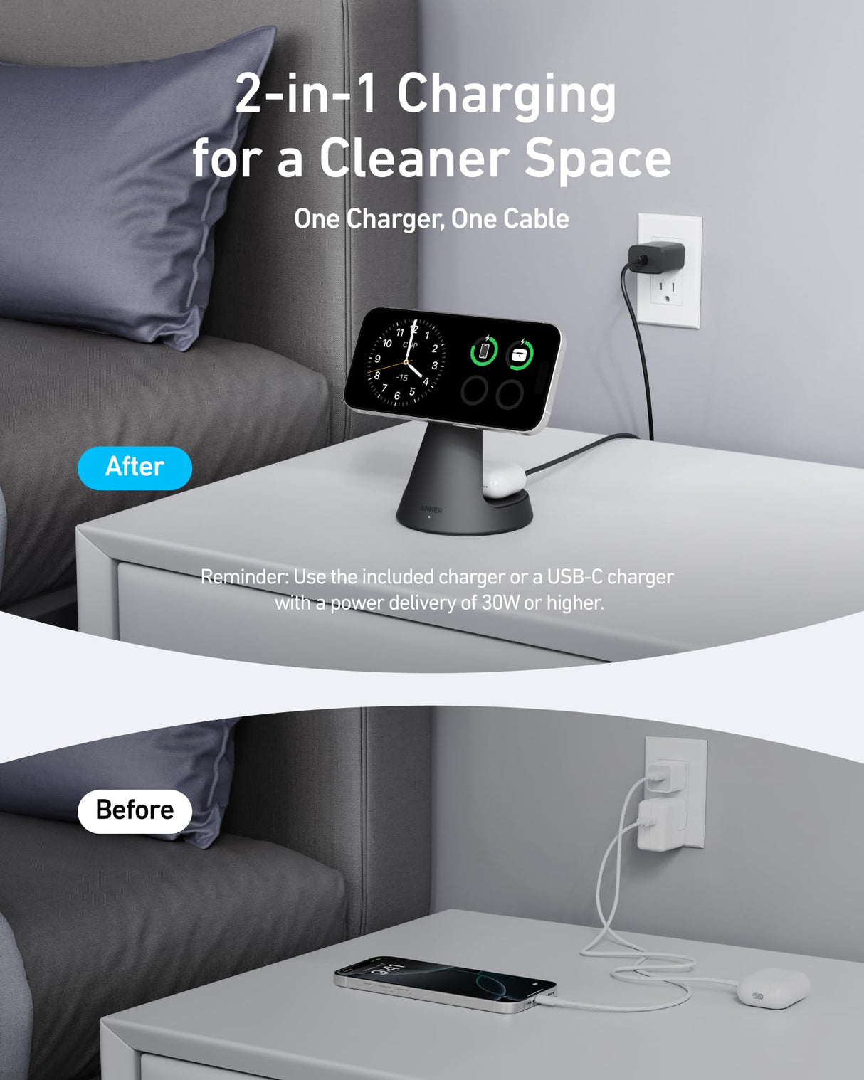 Anker MagGo 2-in-1 wireless charger dock stand with USB-C cable in black, designed for easy charging of compatible devices.