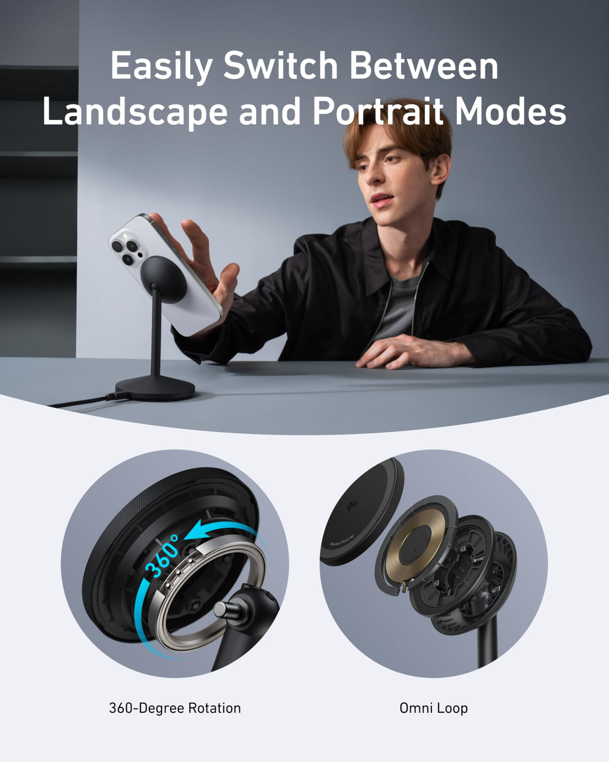 Anker MagGo wireless charger stand with adapter and cable, black, for fast Qi-enabled device charging.