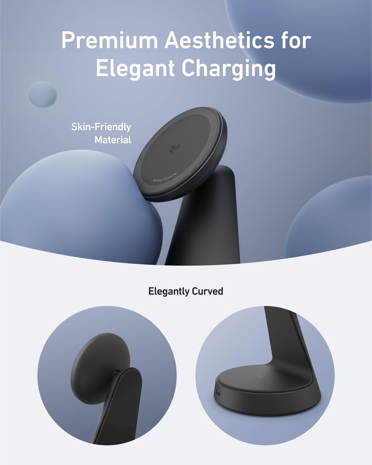 Black Anker MagGo wireless charger 2-in-1 dock stand with USB-C cable, designed for fast charging devices.