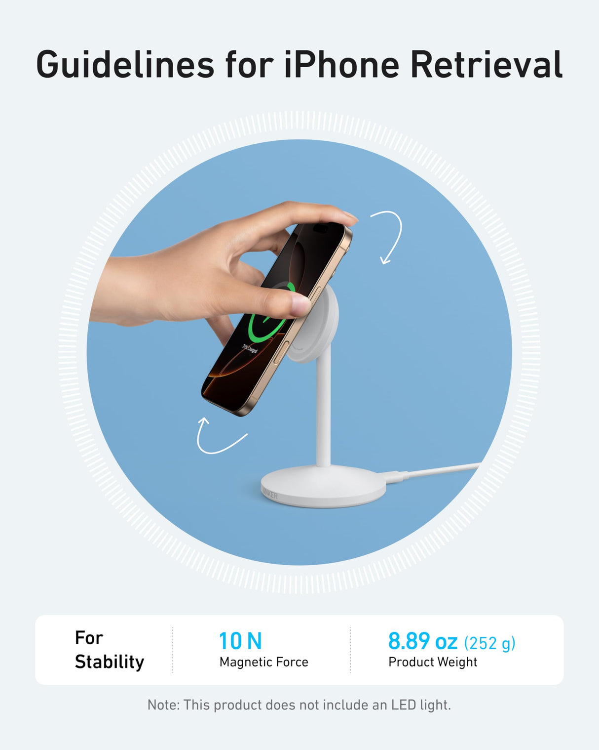 White Anker MagGo wireless charging stand with included adapter and cable, designed for convenient smartphone charging.
