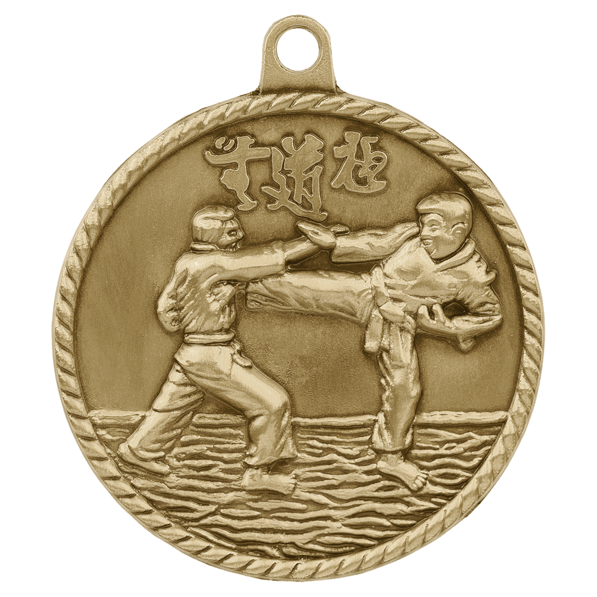 Gold martial arts high relief medal with intricate design, featuring the AKD Ink brand logo and detailed craftsmanship.
