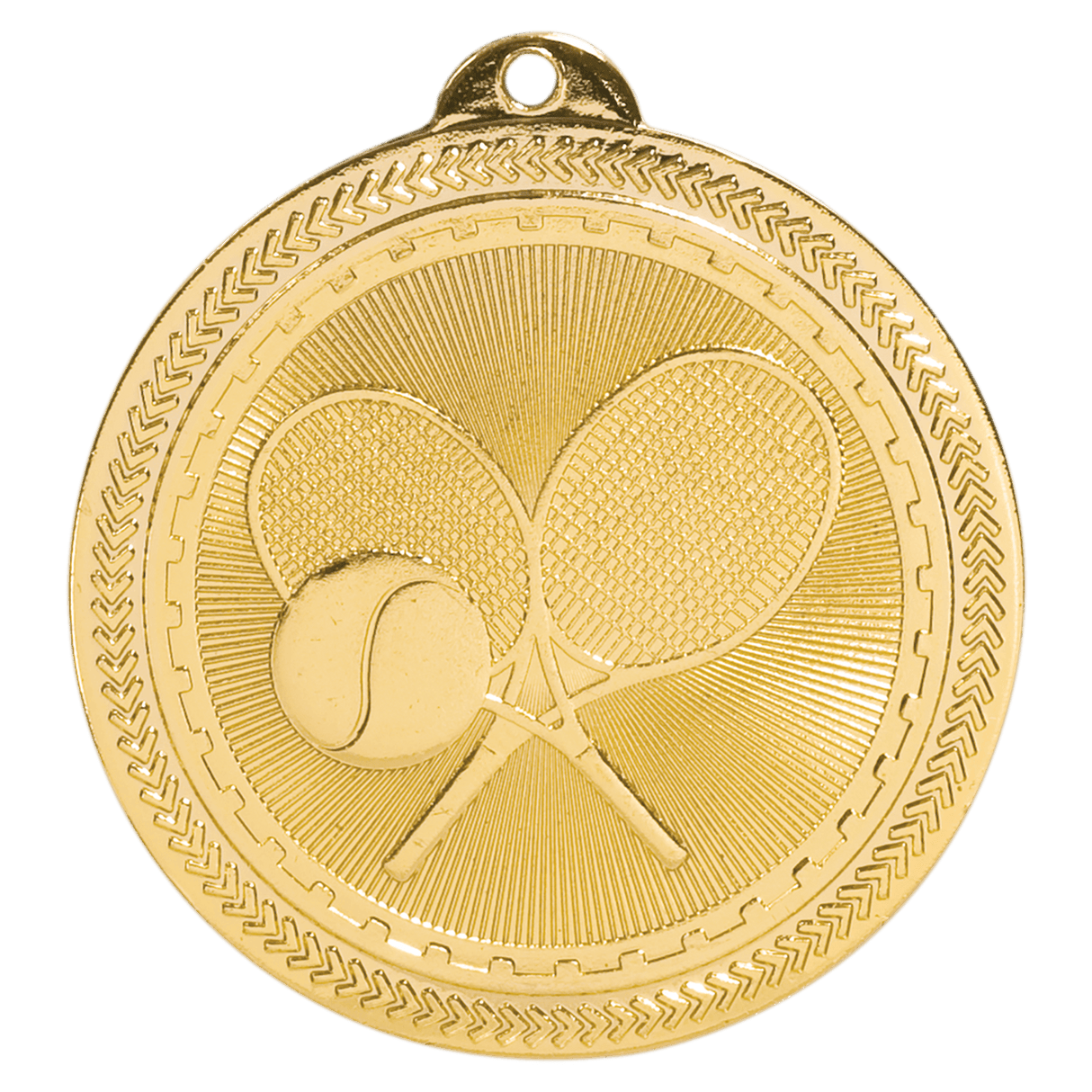 Gold Tennis BriteLazer Medal by AKD Ink featuring detailed tennis ball engraving on a shiny gold medal.