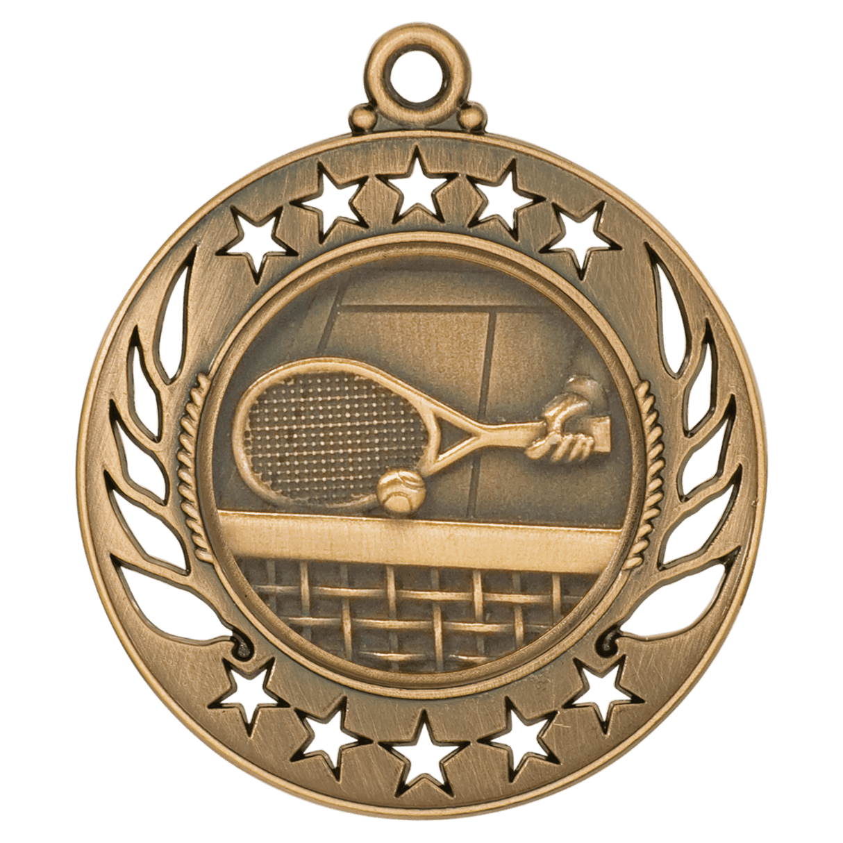Bronze Tennis Galaxy Relief Medal by AKD Ink, featuring detailed relief design and sporting a ribbon attachment for awards.