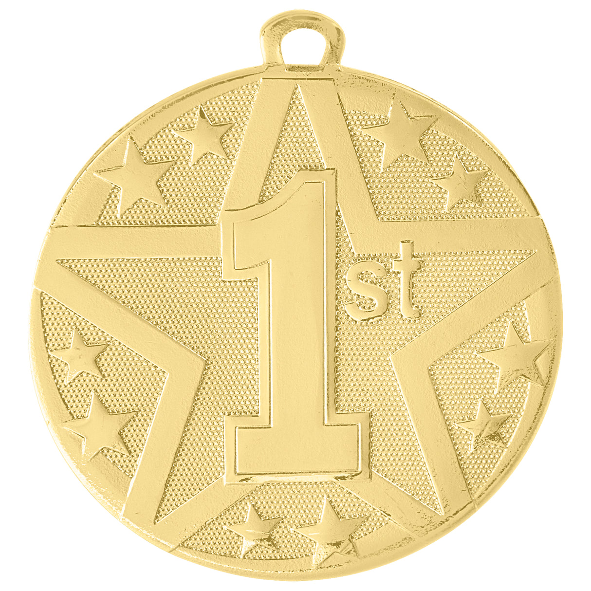 Gold 1st Place Super Star Medal by AKD Ink featuring a festive star design and engraved lettering for award recognition.