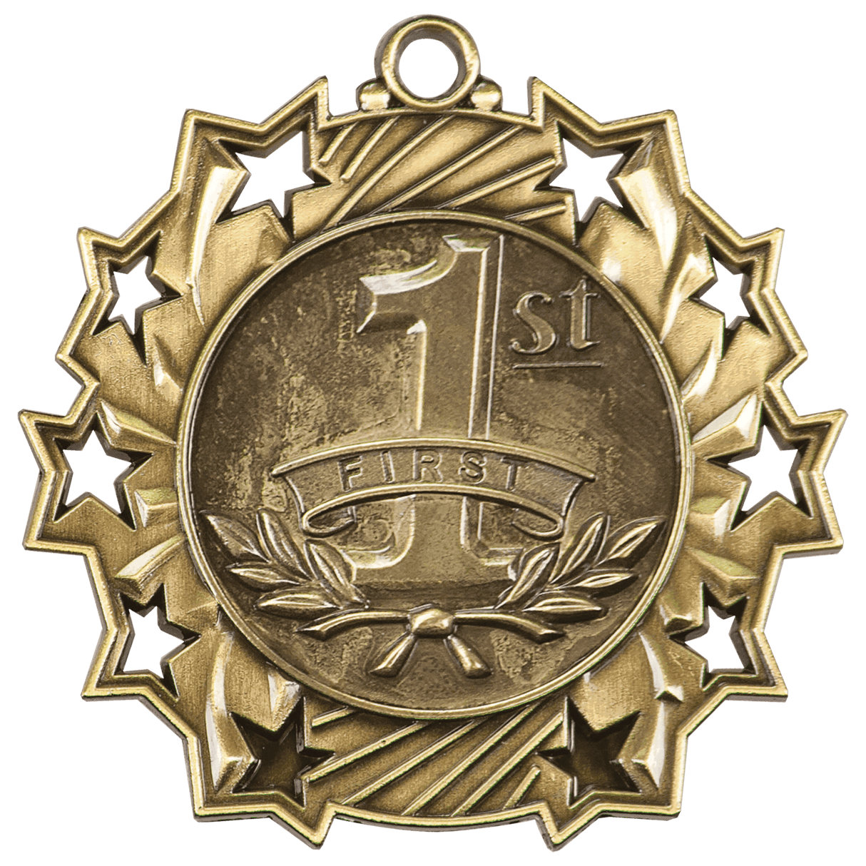 Gold 1st Place Ten Star Medal by AKD Ink featuring a detailed design and engraved text on a ribbon for award recognition.