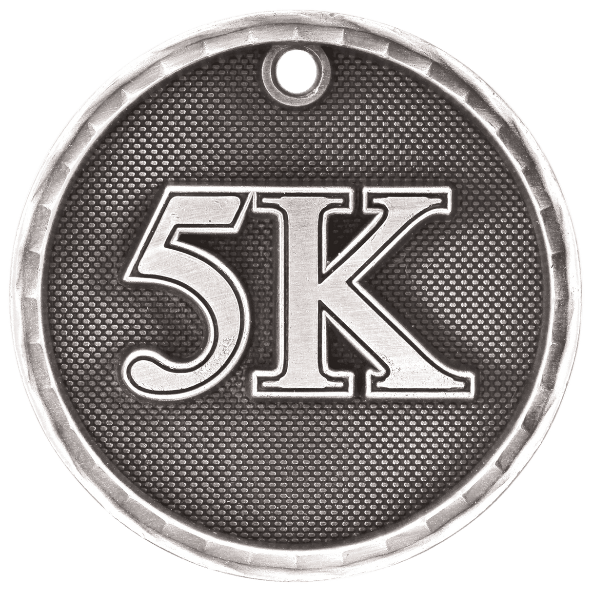 Silver 5K 3-D medal by AKD Ink featuring detailed raised design and ribbon attachment for award ceremonies.