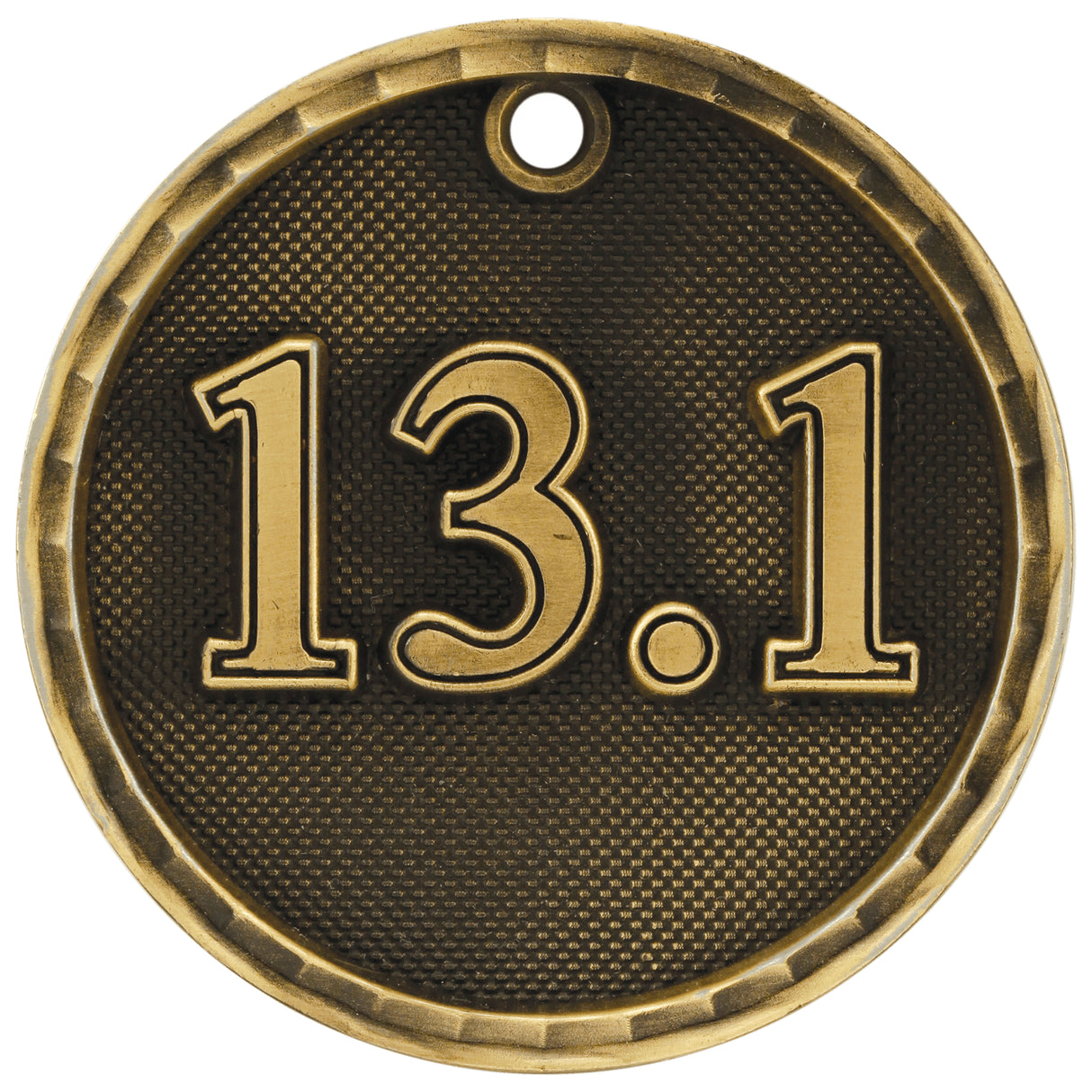 Gold 3D half marathon medal by AKD Ink featuring a 13.1 mile design with intricate details for runners and race enthusiasts.