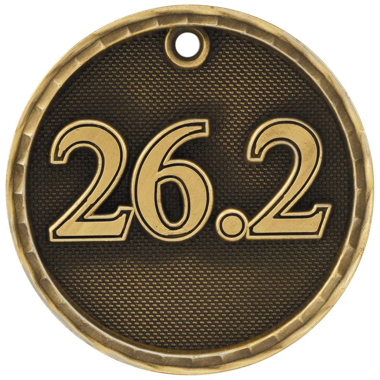 Gold 3D marathon medal with 26.2 inscription, awarded by AKD Ink, featuring intricate design and a ribbon attachment.