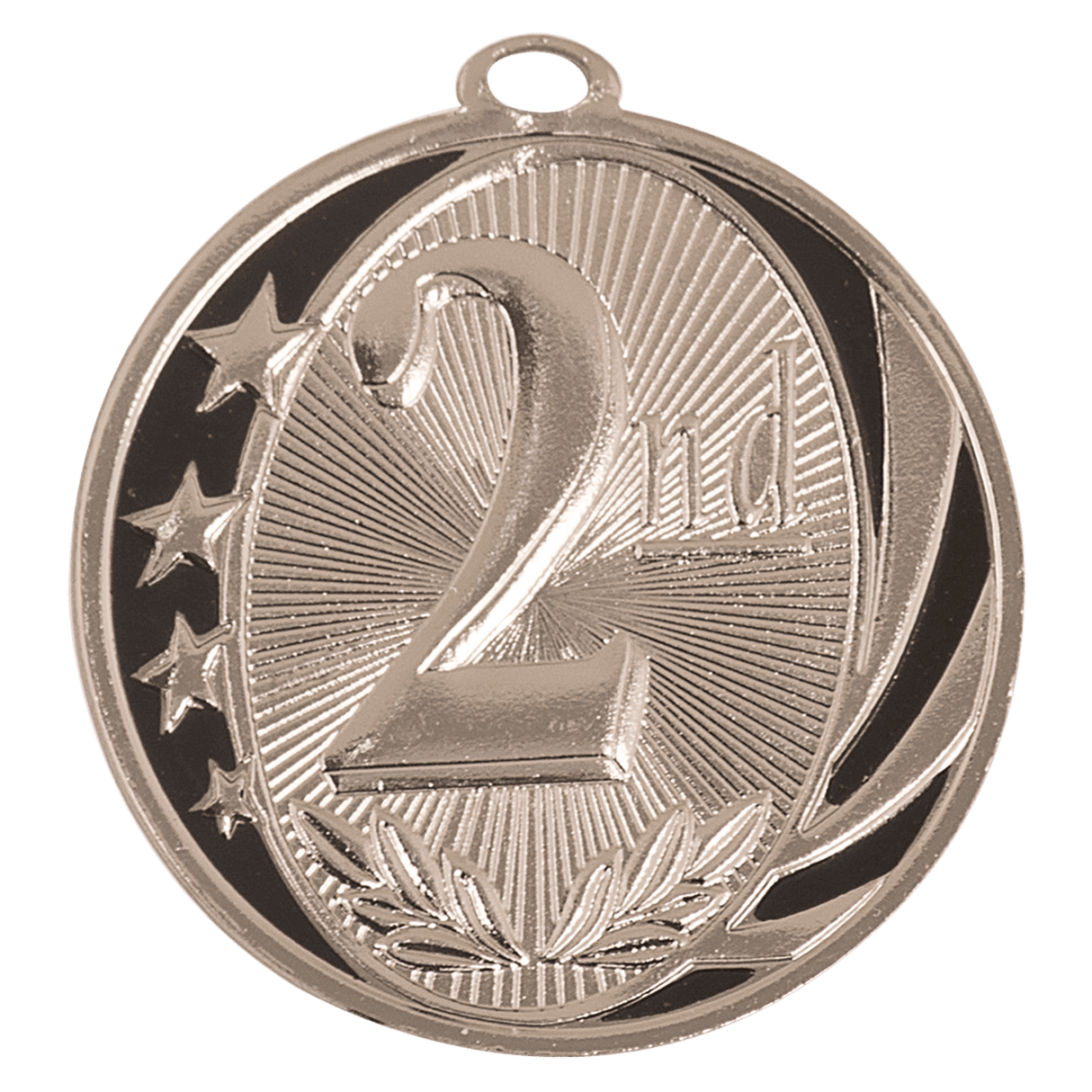 Silver 2nd Place MidNite Star Medal by AKD Ink featuring a star design and engraved text on a ribbon for award recognition.