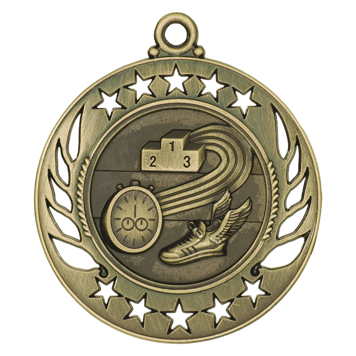 Gold Track Galaxy Medal by AKD Ink, a shiny award medal with galaxy-themed design on a white background.