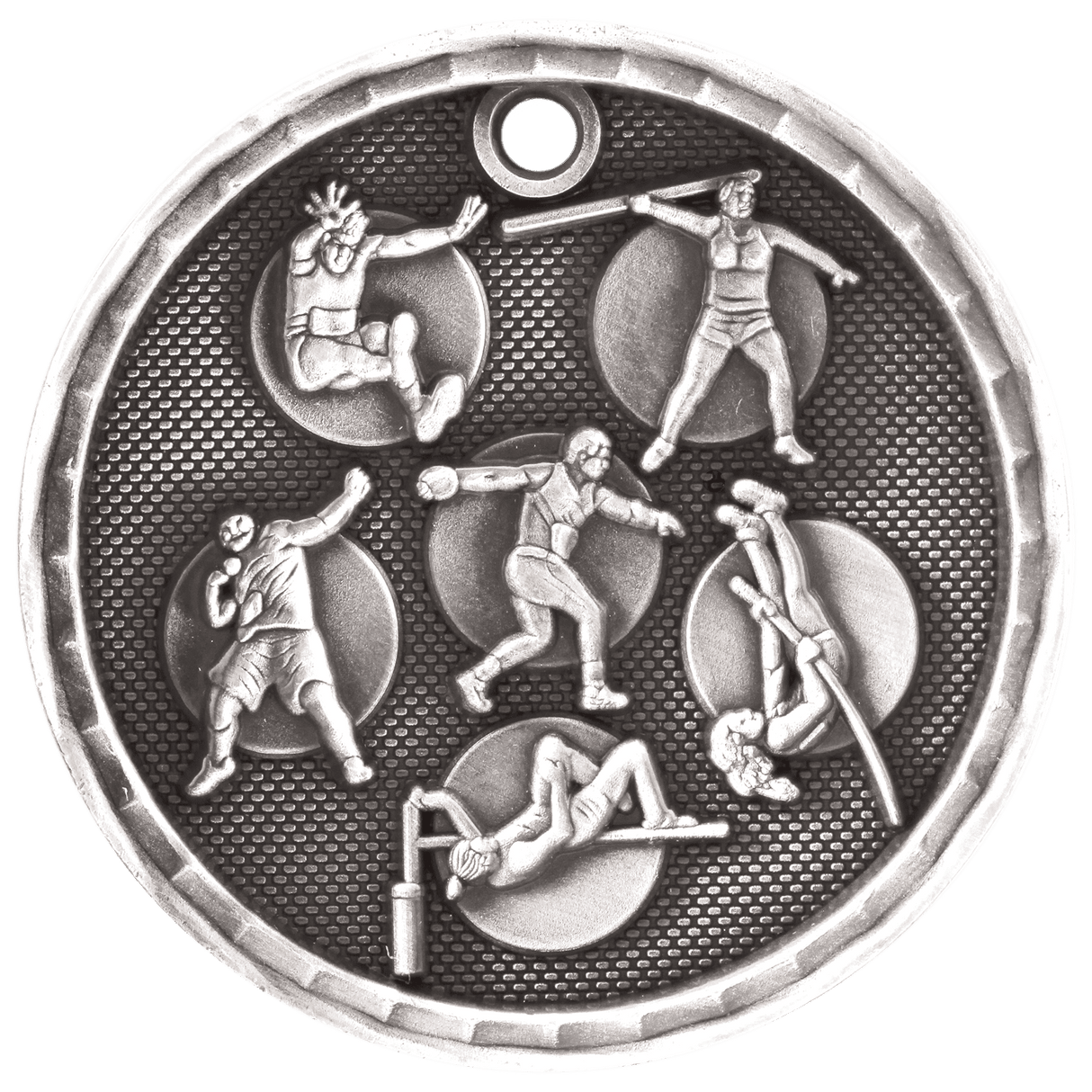 Silver 3D Track & Field medal by AKD Ink, featuring detailed engravings for athletic achievement.