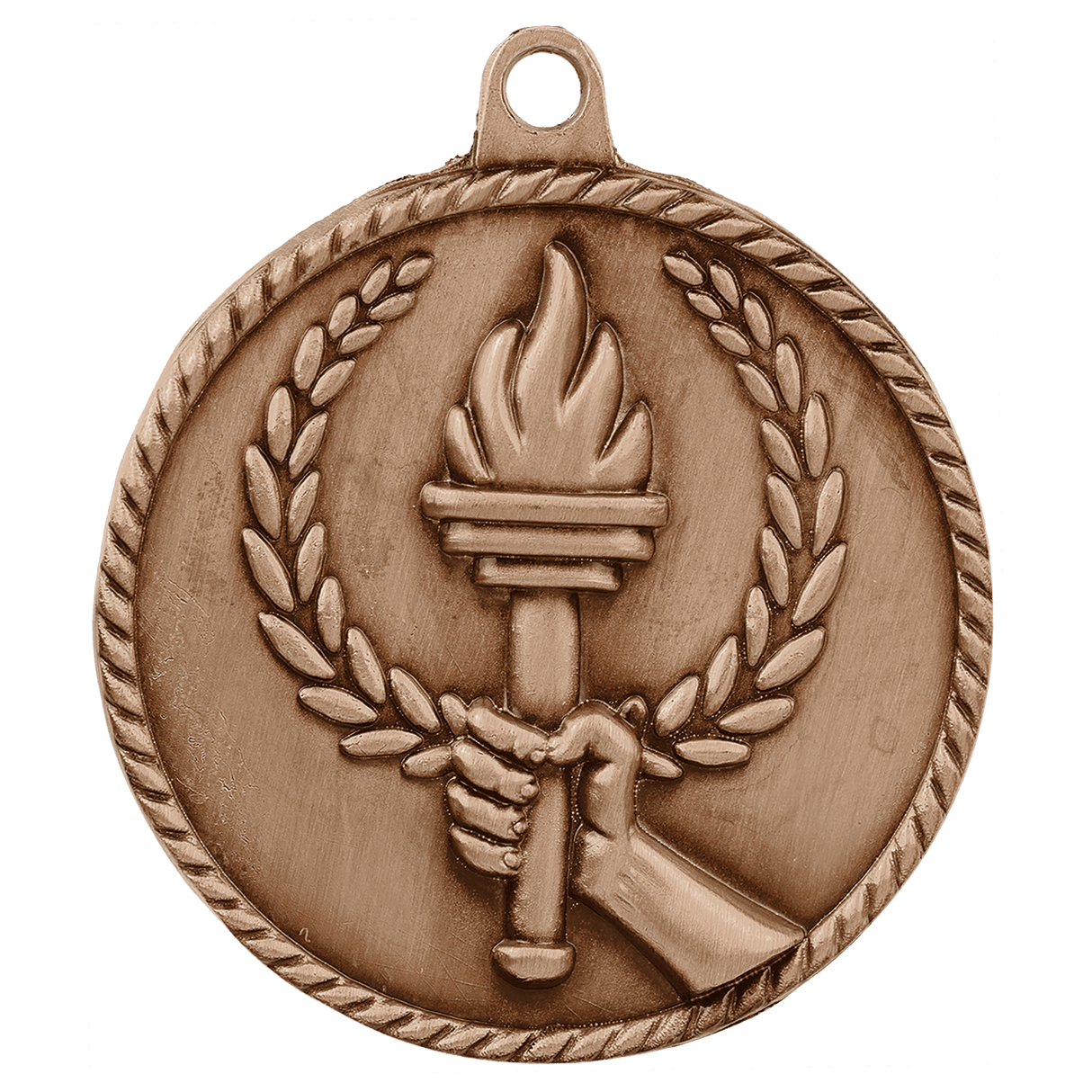 Bronze Torch High Relief Medal by AKD Ink featuring detailed raised torch design and intricate craftsmanship.
