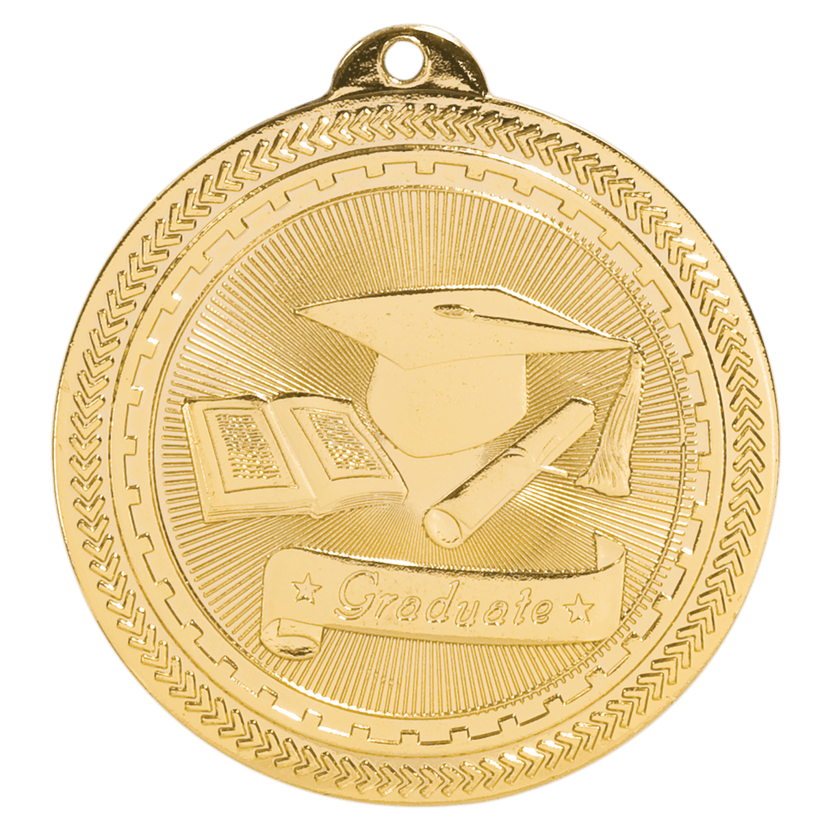 Gold Graduate BriteLazer Medal by AKD Ink featuring a detailed engraved design and a ribbon for graduation ceremonies.