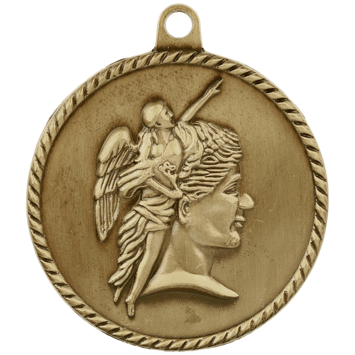 Gold achievement high relief medal by AKD Ink with detailed engraved design and a ribbon for award presentation.