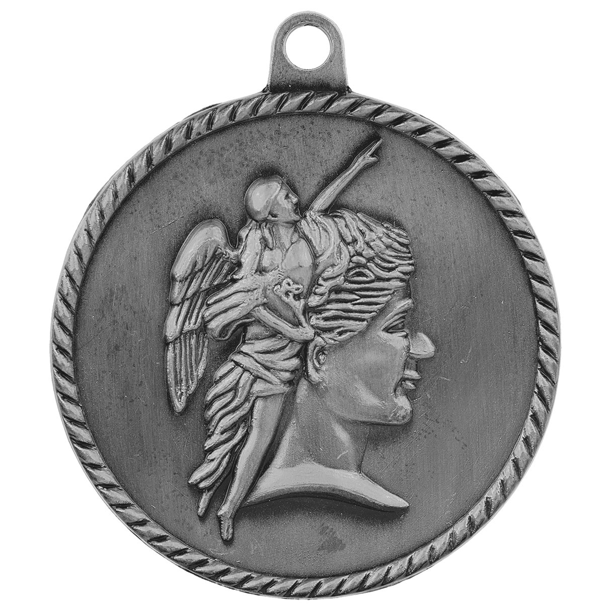 Silver Achievement High Relief Medal by AKD Ink featuring detailed raised design with a ribbon attachment.