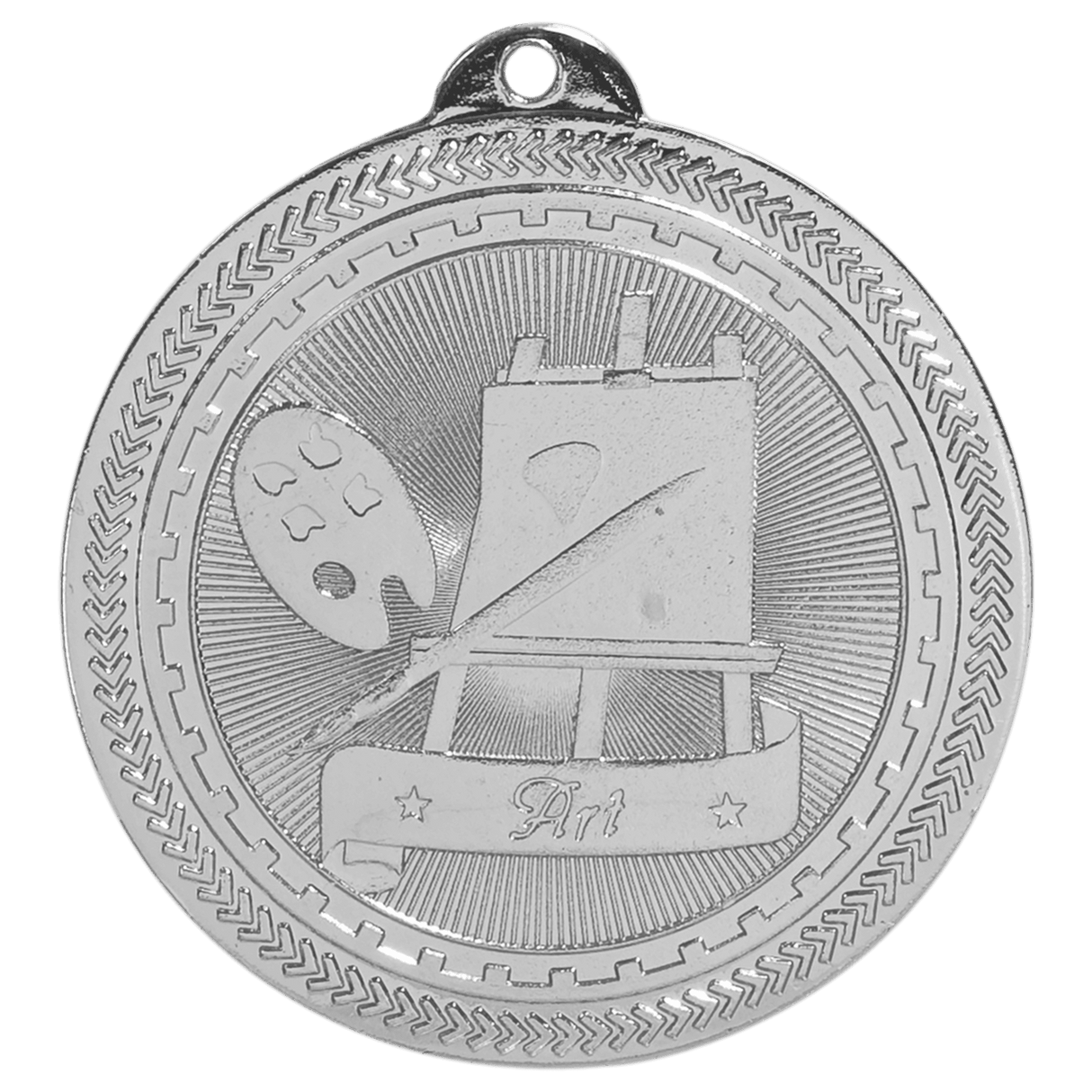 Silver Art BriteLaser Medal by AKD Ink, showcasing intricate laser-engraved design and polished surface on a white background.
