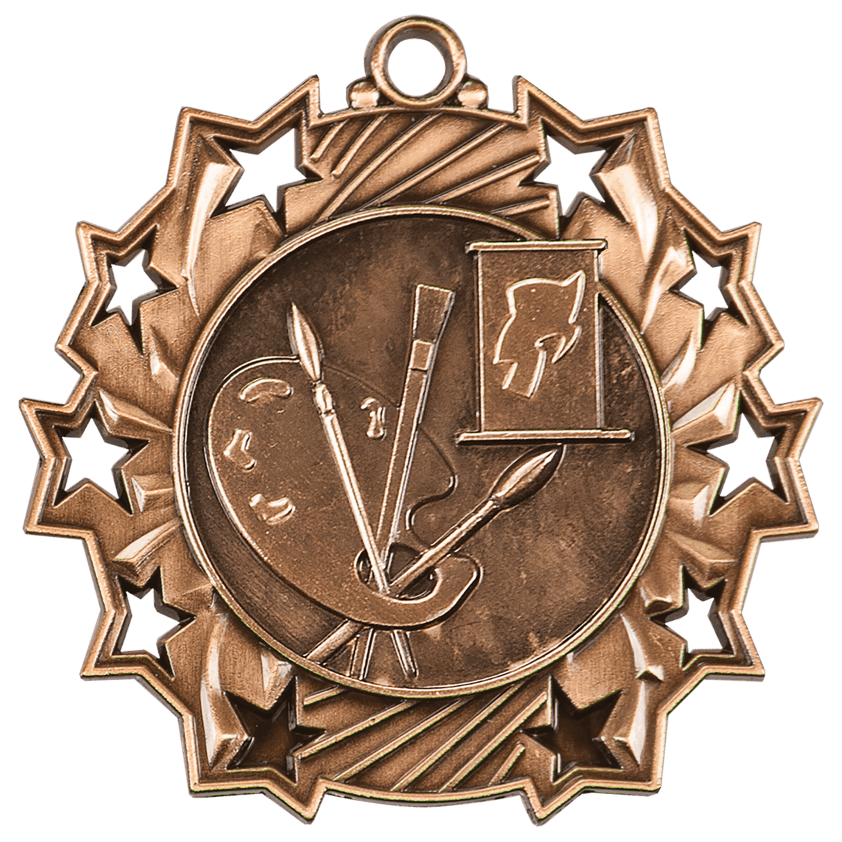 Bronze Art Ten Star Medal by AKD Ink featuring a detailed star design and engraved text on the front.