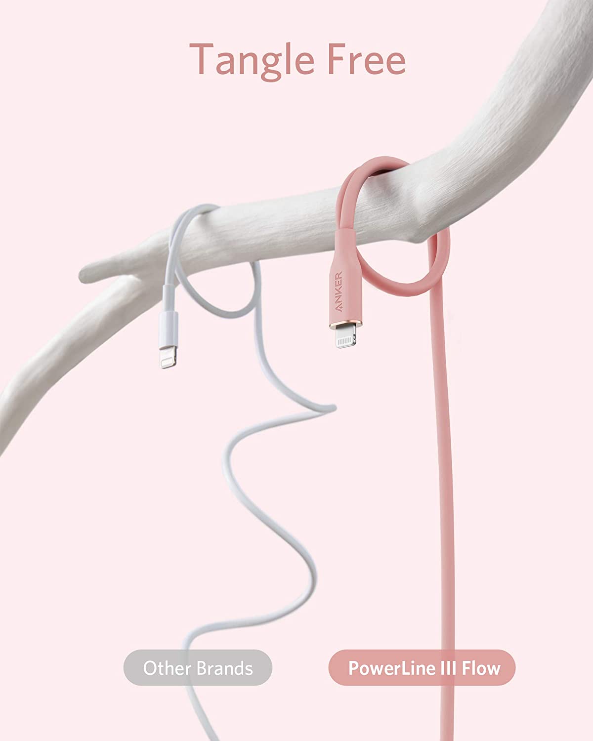 Anker 641 USB-C to Lightning cable, 3 ft silicone flow design for fast charging and data transfer, shown coiled on a white background.