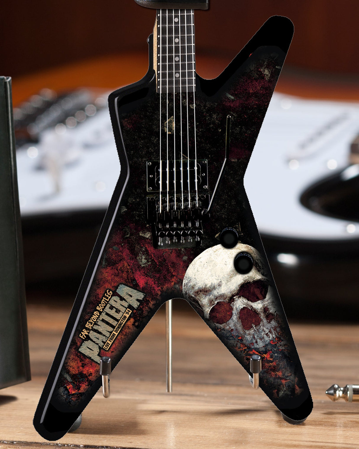 Miniature Dean Dimebag Pantera Far Beyond bootleg graphic guitar replica collectible by AXE HEAVEN, artist proof edition.