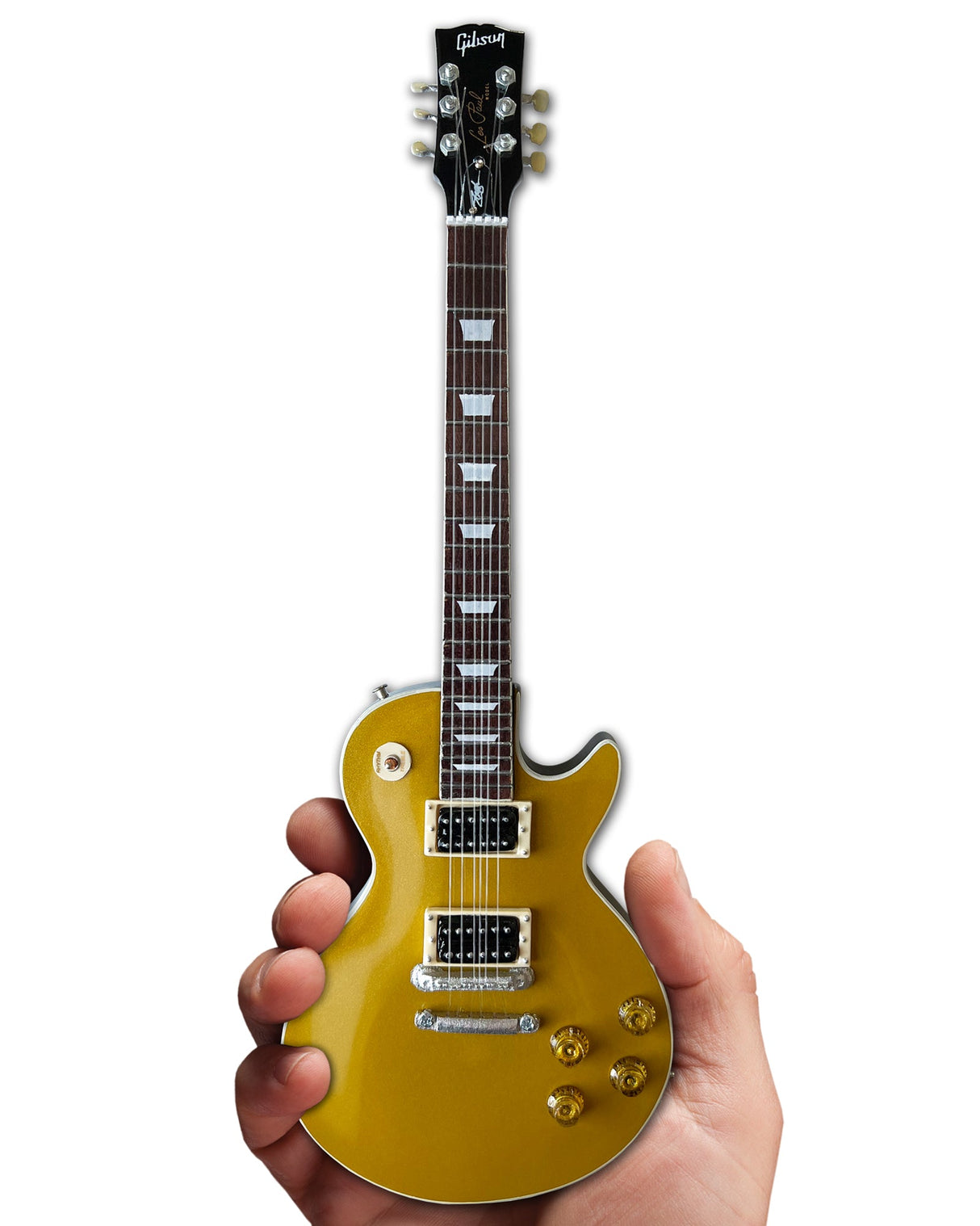 Gibson Les Paul Standard “Victoria” Goldtop miniature guitar replica collectible by AXE HEAVEN® featuring detailed gold finish and white body.