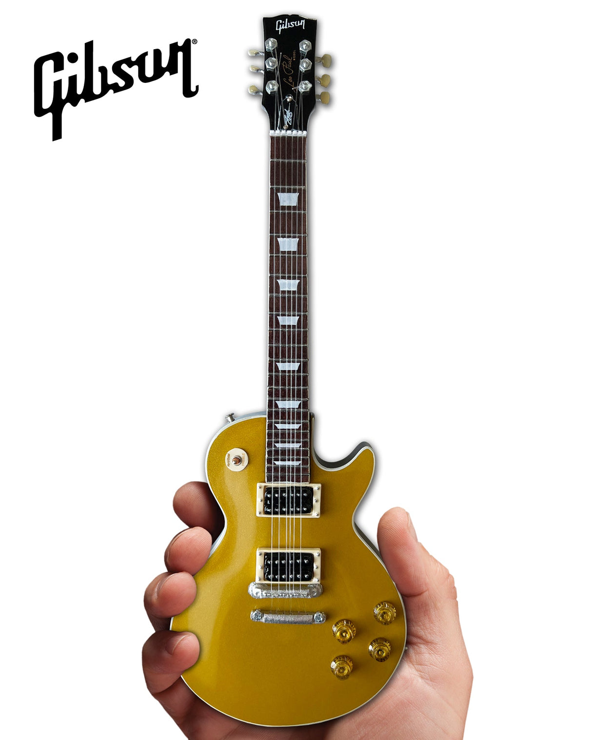 Miniature Gibson Les Paul Standard “Victoria” Goldtop guitar replica with AXE HEAVEN® logo, collectible miniature guitar model.