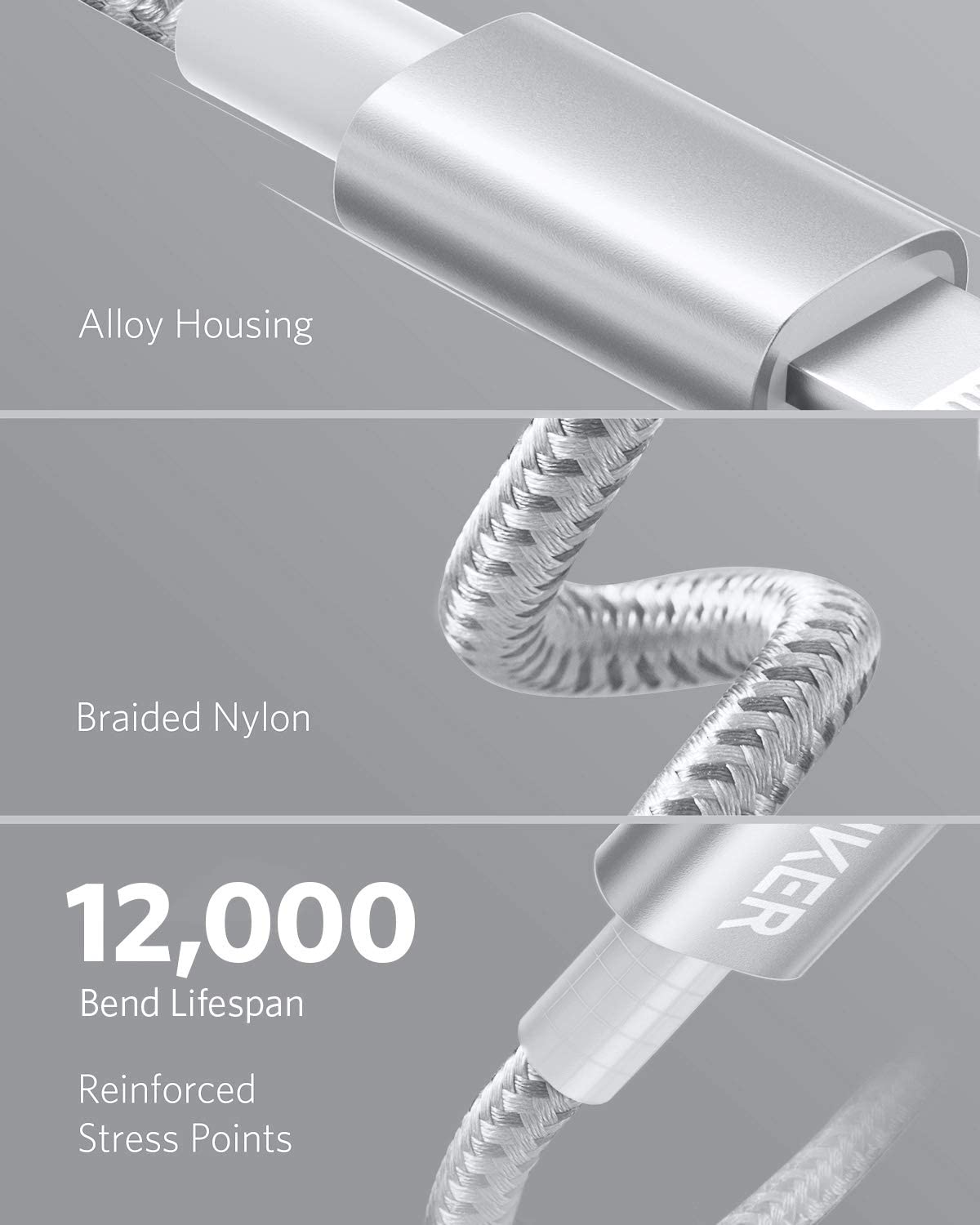 Anker 331 USB-C to Lightning charging cable in silver, 3.3 feet long, designed for fast device charging and data transfer.