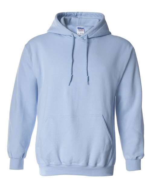 Unisex Heavy Blend™ Gildan hooded sweatshirt in gray, showing front view with drawstring hood and ribbed cuffs.