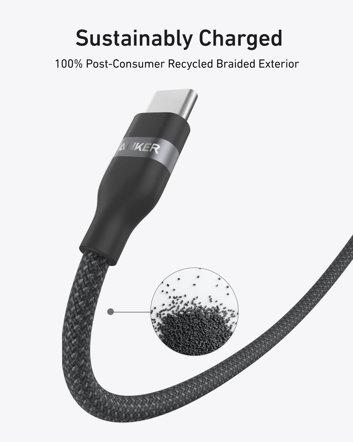 Anker USB-C to USB-C cable in black, 3 feet, upcycled braided design, supports 240W fast charging.