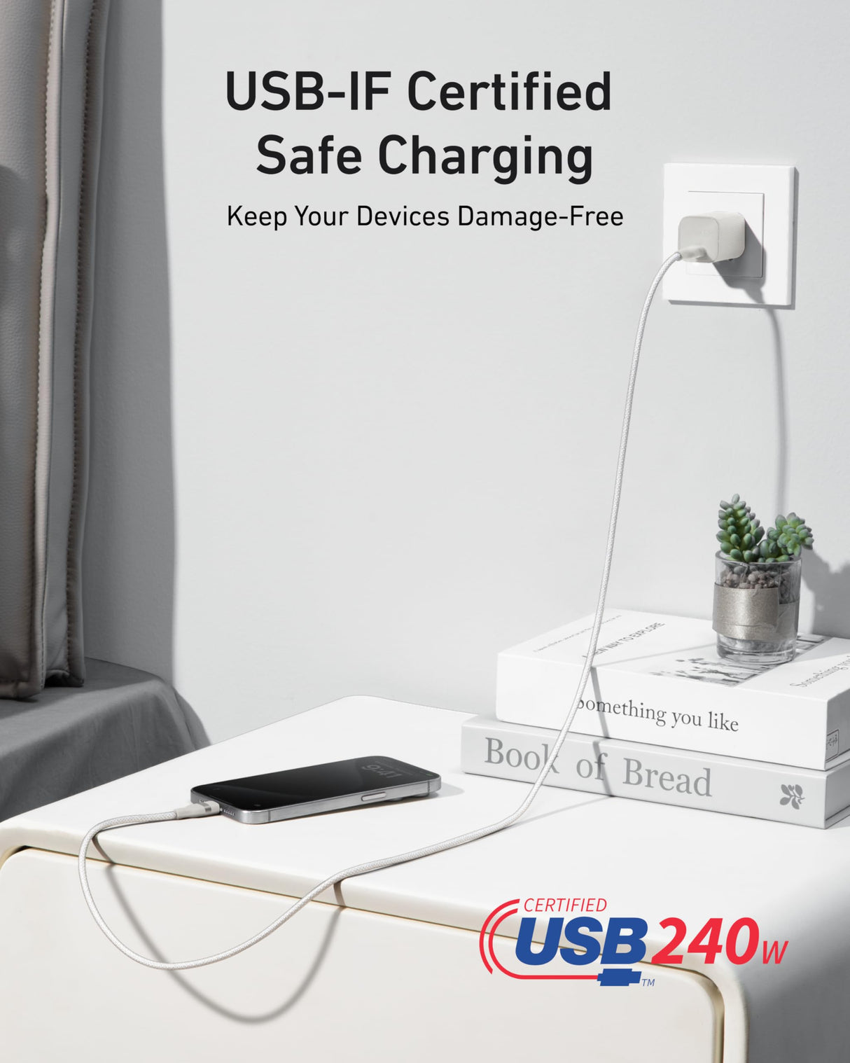 Anker USB-C to USB-C cable in white, 3 ft length, upcycled-braided design, supports 240W fast charging.