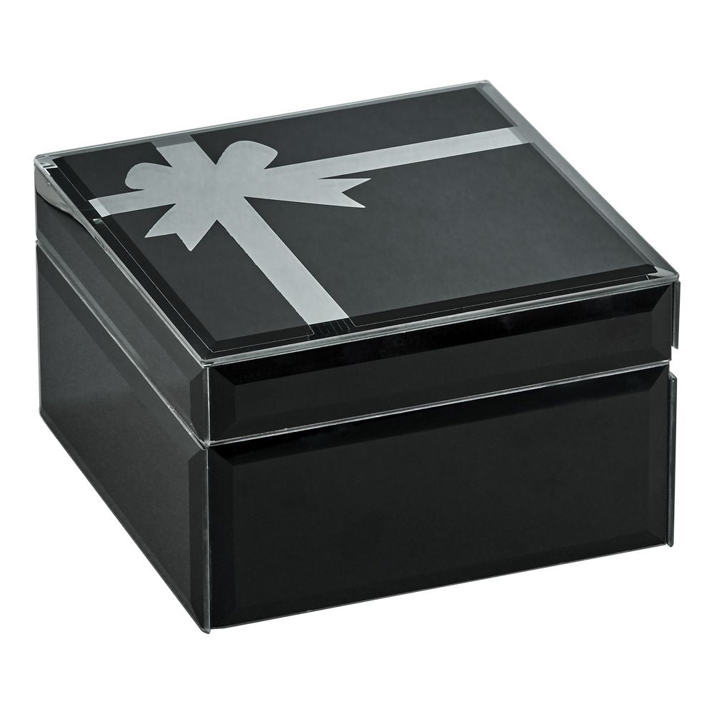 Elegant Black Glass Jewelry Box With Bow Design, 5.75" Square, Gift Boxed Keepsake Holder-AKD Ink