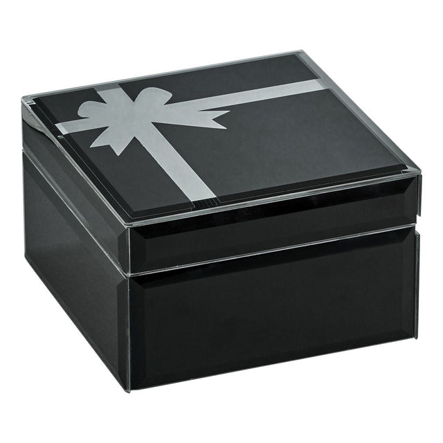 Elegant Black Glass Jewelry Box With Bow Design, 5.75" Square, Gift Boxed Keepsake Holder-AKD Ink