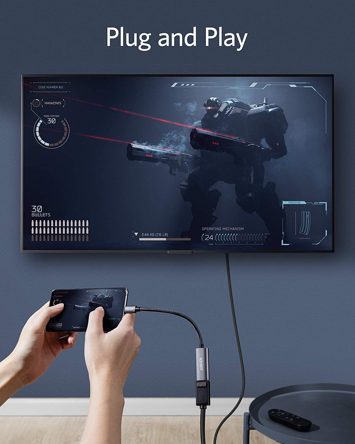 Anker PowerExpand USB-C to DisplayPort adapter connected to a laptop, displaying a high-resolution monitor.