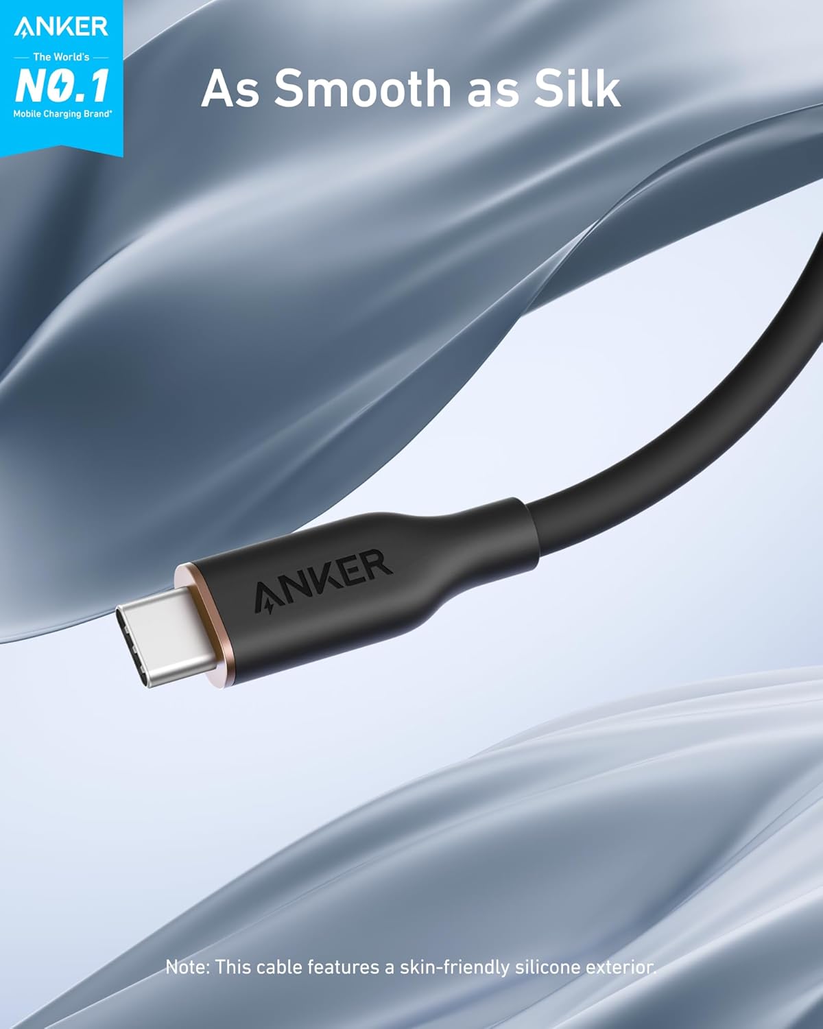 Anker 643 USB-C to USB-C silicone charging cable, black, with flexible flow design for fast device charging.