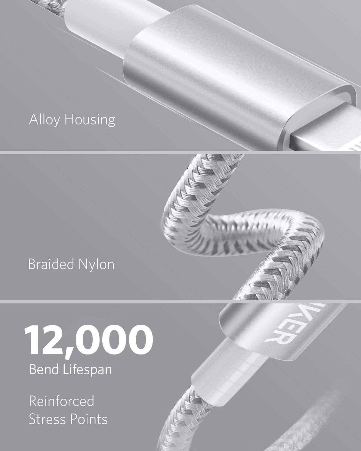 Anker 331 USB-C to Lightning charging cable showing a close-up of the cable with USB-C and Lightning connectors.
